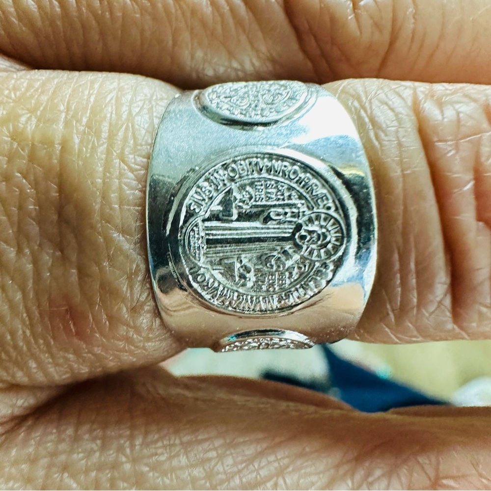 Silver Chunky Jewelry Ring with Engraved Saint Benedict Catholic Christian - Picture 12 of 16